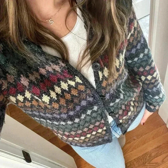 90s Vintage Eclectic Grandpa Coastal Grandma preppy Earthy Fair Isle Cardigan Lg - Picture 11 of 11